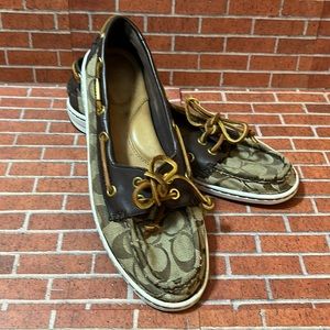 ❤️ COACH Richelle Topsider Boat Shoes Canvas Loafer Brown Leather Size 8…